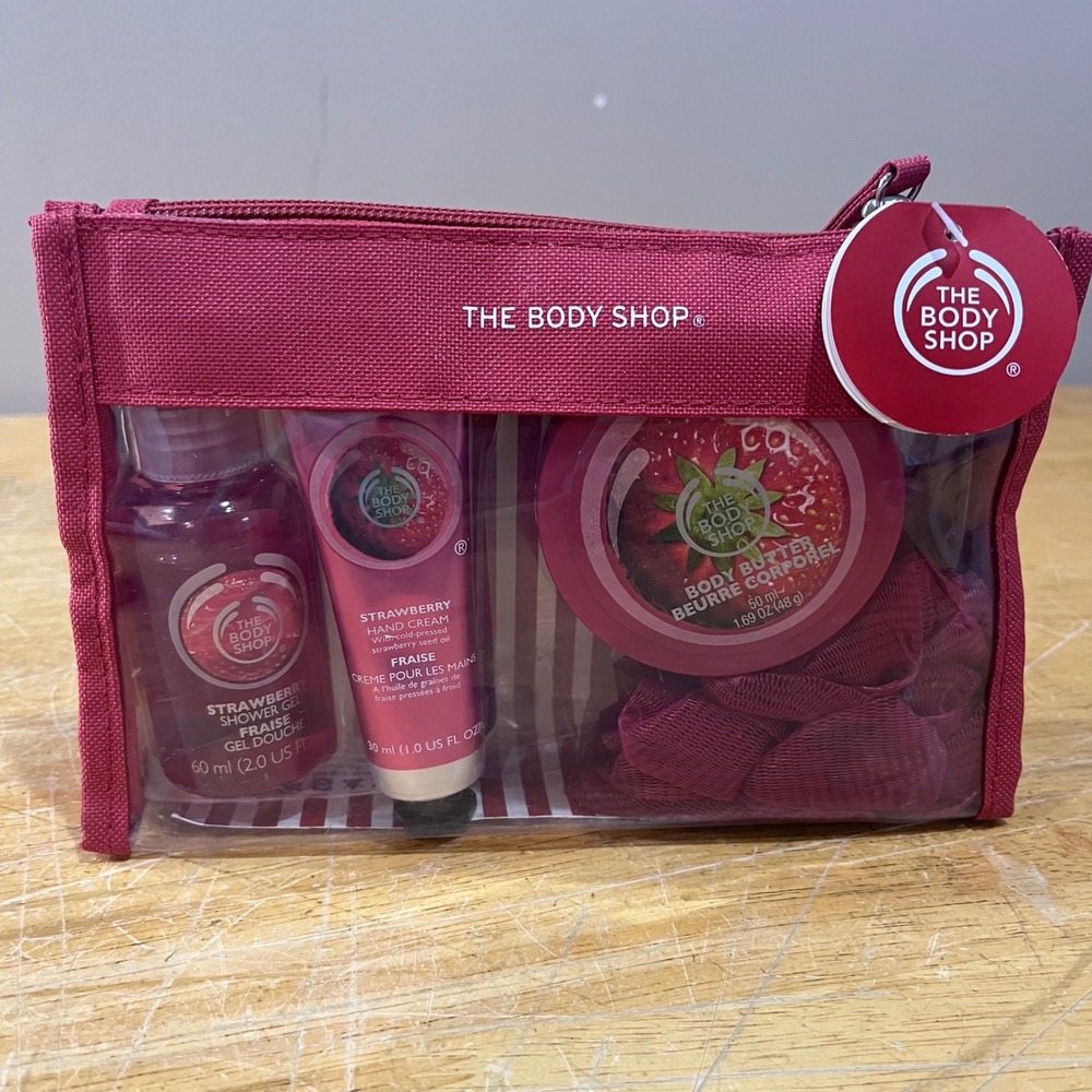 The Body Shop Strawberry Beauty Bag 4-Piece Gift Set with Travel Pouch NEW